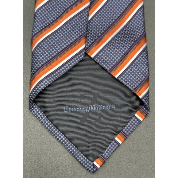 ERMENEGILDO ZEGNA Men's Tie 100% Silk ITALY Luxury Striped Blue Orange EUC - Picture 5 of 7